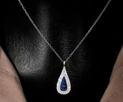 Blue and White Cubic Zirconia Teardrop Sterling Silver Pendant Necklace, Wedding Necklace, Bridesmaid Necklace, Anniversary Gift