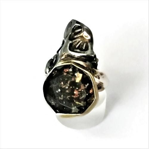 Pyrite Crystal Quartz Doublet Ring, Textured Sterling Silver Ring with Pyrite Crystal Quartz Doublet, Unique Gemstone Jewelry, Gemstone Ring