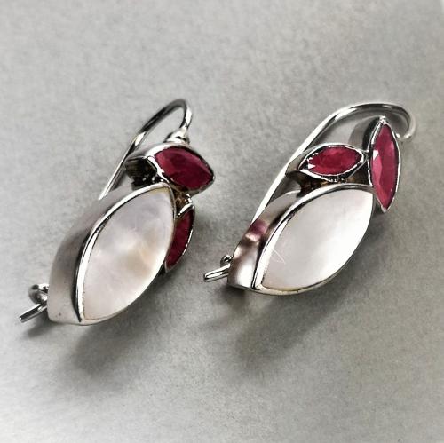 Red Ruby and Mother of Pearl Leaf Drop Earrings, Sterling Silver Dangle Earrings with Red Ruby + White Mother Of Pearl Gemstones