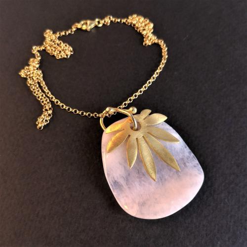 Rose Quartz + Leaf Pendant Necklace, Sterling Silver Gold Pendant and Chain Rose Quartz with Leaf Charm, Natural Rose Quartz Jewelry