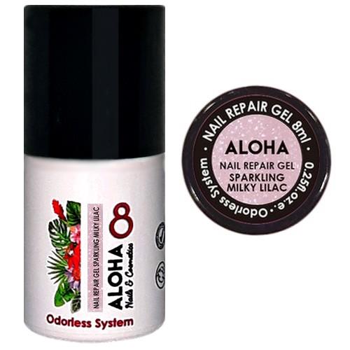 Ημιμόνιμο βερνίκι ALOHA 8ml - Nail Repair Gel / Rubber Base για θεραπεία νυχιών, ενισχυμένη με πρωτεΐνες - Χρώμα: Sparkling Milky Lilac