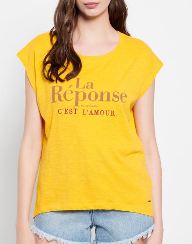 FUNKY BUDDHA Γυναικείο t-shirt με τύπωμα κειμένου FBL007-167-04-HONEYCOMB Yellow