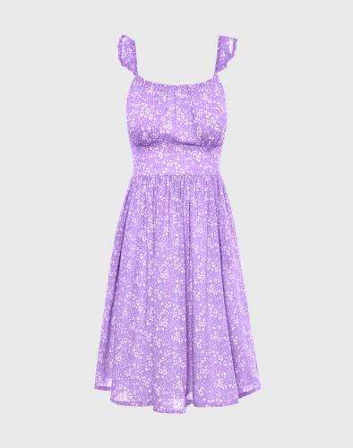 FUNKY BUDDHA Floral mini φόρεμα από βισκόζη με βολάν FBL007-125-13-ROYAL Violet