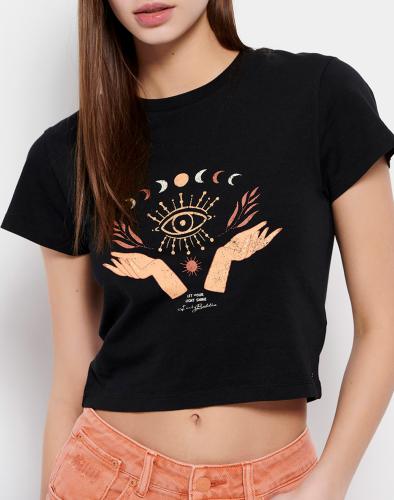 FUNKY BUDDHA Cropped t-shirt από οργανικό βαμβάκι με τύπωμα FBL007-196-04-BLACK Black