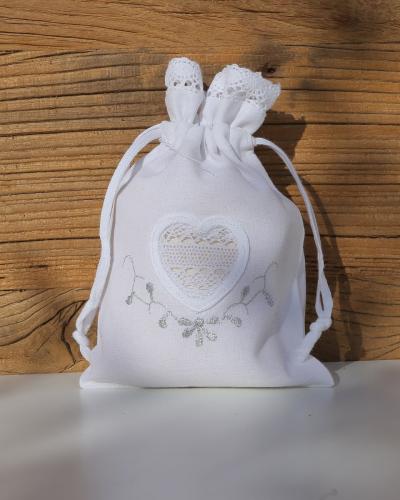 Βαμβακερό Ασημί Πουγκί Μπομπονιέρας με Δαντέλα & Κέντημα Καρδιά Lux Bo Maison 17x11.5cm One Size (17x11.5cm)