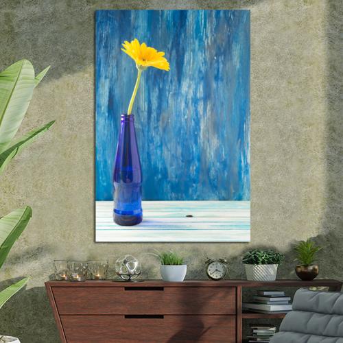 Πίνακας σε καμβά Yellow flower blue background 100x67 Τελαρωμένος καμβάς σε ξύλο με πάχος 2cm