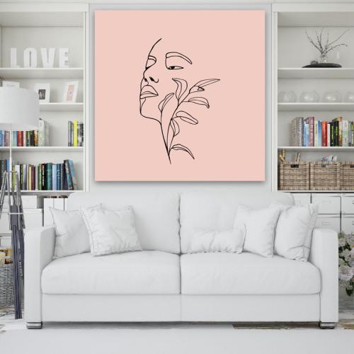 Πίνακας σε καμβά Line Art Face in Pink 110x110 Τελαρωμένος καμβάς σε ξύλο με πάχος 2cm