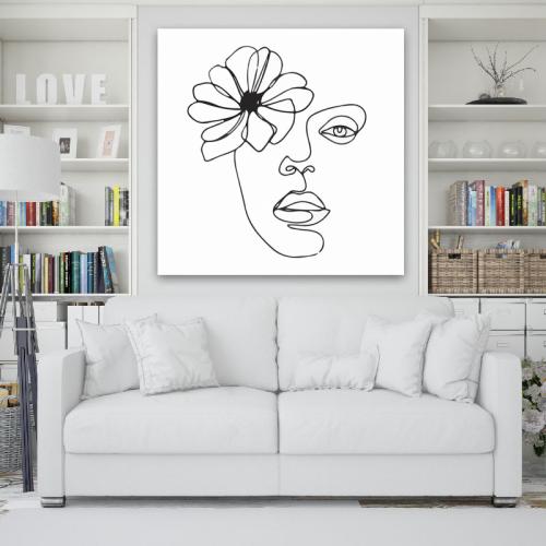 Πίνακας σε καμβά Line Art Head and Flower 70x70 Τελαρωμένος καμβάς σε ξύλο με πάχος 2cm