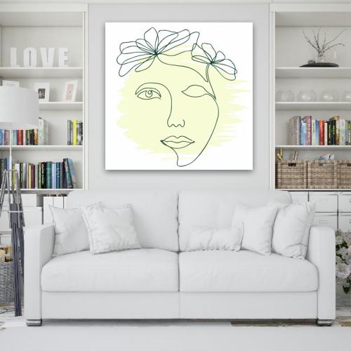 Πίνακας σε καμβά Line Art Woman and Flower in Lime Green 110x110 Τελαρωμένος καμβάς σε ξύλο με πάχος 2cm