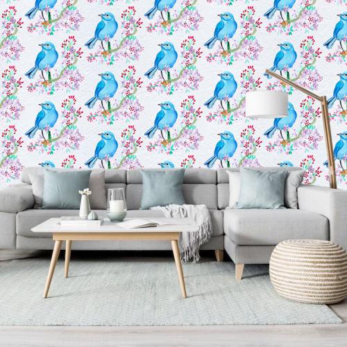 Ταπετσαρία τοίχου Floral Μοτιβο με μπλε πουλακια 328x230 Ύφασμα