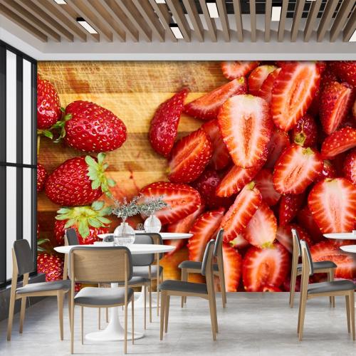 Ταπετσαρία τοίχου Φράουλες κομμένες σε φέτες 150x100 Ύφασμα