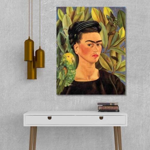 Πίνακας σε καμβά Frida Kahlo - Selfportrait with Bonito 50x64 Τελαρωμένος καμβάς σε ξύλο με πάχος 2cm