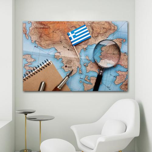 Πίνακας σε καμβά Χάρτης και Ελληνική Σημαία 105x70 Τελαρωμένος καμβάς σε ξύλο με πάχος 2cm