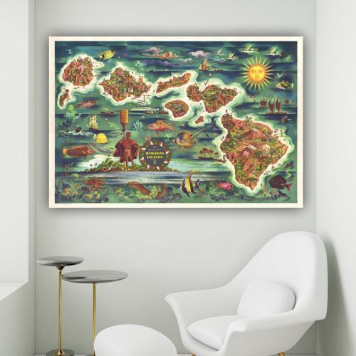 Πίνακας σε καμβά Χάρτης με τα Νησιά της Χαβάης 148x100 Τελαρωμένος καμβάς σε ξύλο με πάχος 2cm