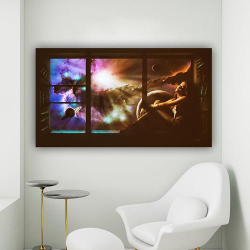 Πίνακας σε καμβά Γυναίκα στο Παράθυρο με Φόντο Πλανήτες 177x100 Τελαρωμένος καμβάς σε ξύλο με πάχος 2cm
