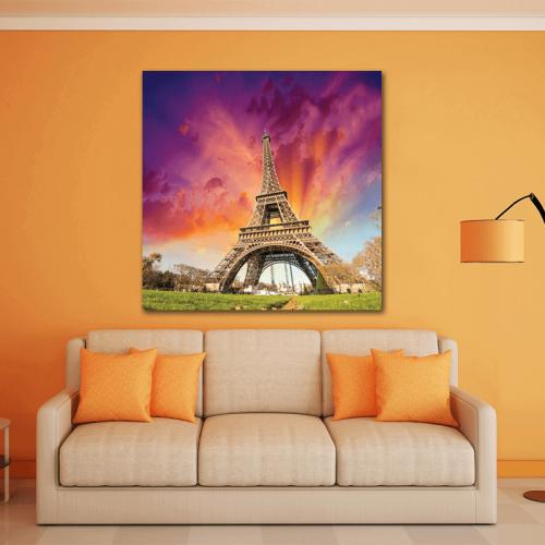 Πίνακας σε καμβά με Eiffel στο Ηλιοβασίλεμα 120x120 Τελαρωμένος καμβάς σε ξύλο με πάχος 2cm