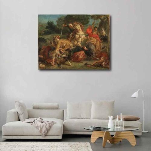 Πίνακας σε καμβά Eugène Delacroix - Lion Hunt - 1855 157x120 Τελαρωμένος καμβάς σε ξύλο με πάχος 2cm