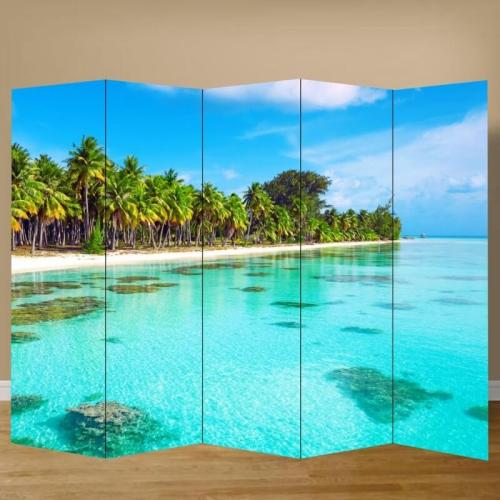 Παραβάν με παραλία με φοίνικες 160x180 Ύφασμα Δύο όψεις