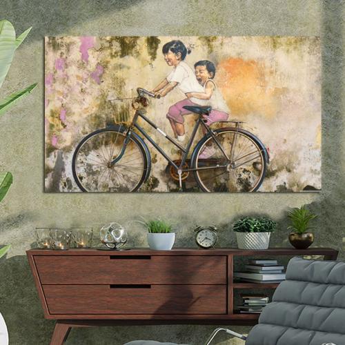 Πίνακας σε καμβά kids bicycle a riding graffiti by donald chen 107x60 Τελαρωμένος καμβάς σε ξύλο με πάχος 2cm