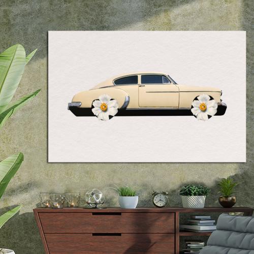 Πίνακας σε καμβά Vintage car with flower weels 150x100 Τελαρωμένος καμβάς σε ξύλο με πάχος 2cm