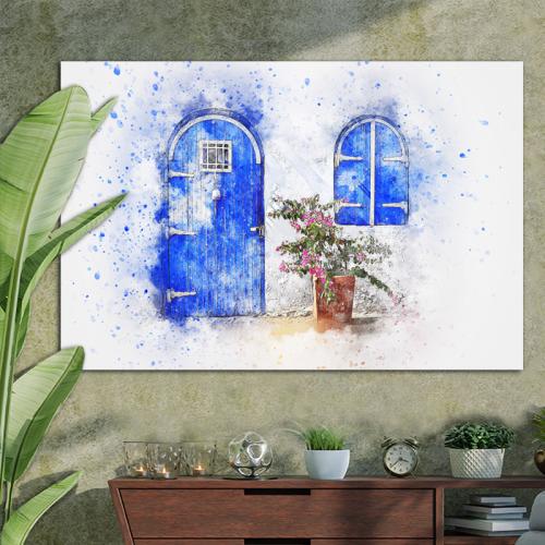 Πίνακας σε καμβά Blue door water colour art 110x165 Τελαρωμένος καμβάς σε ξύλο με πάχος 2cm
