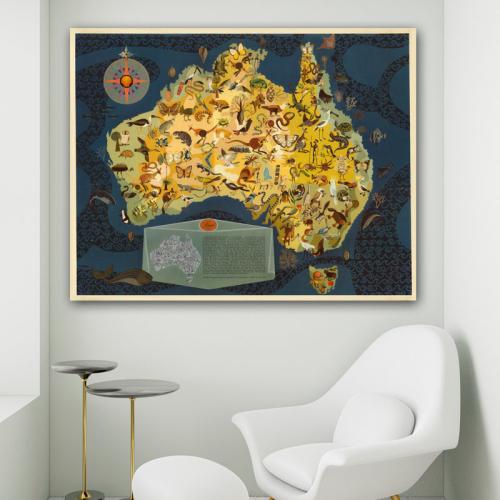 Πίνακας σε καμβά Χάρτης Αυστραλία με ζώα 152x120 Τελαρωμένος καμβάς σε ξύλο με πάχος 2cm