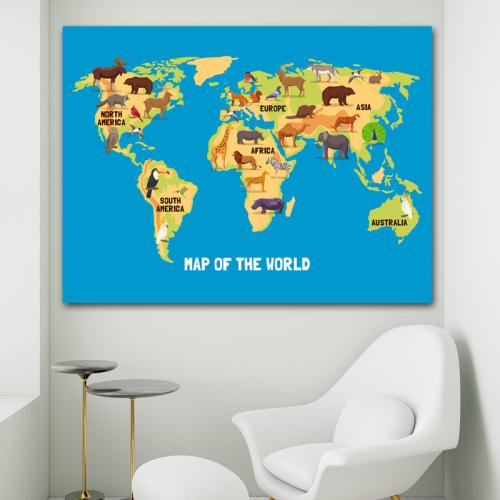 Πίνακας σε καμβά Χάρτης Παιδικός Παγκόσμιος με Ζώα 146x110 Τελαρωμένος καμβάς σε ξύλο με πάχος 2cm