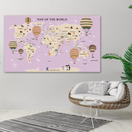 Πίνακας σε καμβά Παιδικός Χάρτης με τα Ζώα του Κόσμου 102x60 Τελαρωμένος καμβάς σε ξύλο με πάχος 2cm