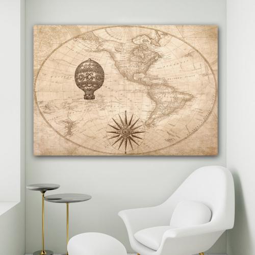 Πίνακας σε καμβά Παλιός Χάρτης με Αερόστατο 70x50 Τελαρωμένος καμβάς σε ξύλο με πάχος 2cm