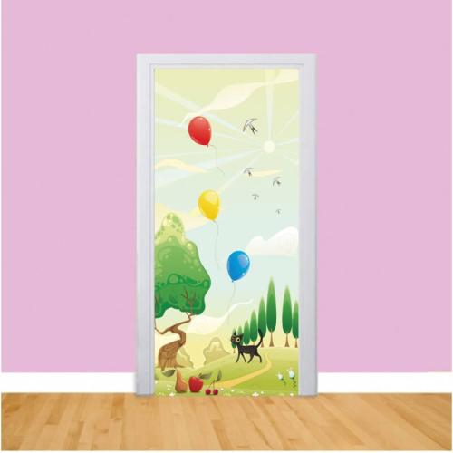 Αυτοκόλλητα πόρτας Τοπίο με μπαλόνια και γατούλα 100x220 Αυτοκόλλητα πόρτας
