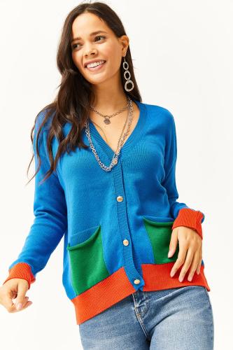 Olalook Women's Saxe Blue Color Pocket and Cuff Cotton Premium Cardigan