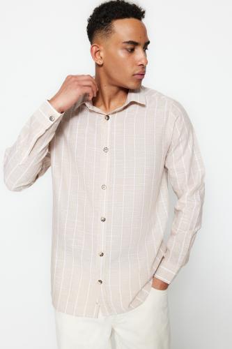 Trendyol μπεζ άνδρες κανονική εφαρμογή πουκάμισο γιακά ριγέ πουκάμισο
