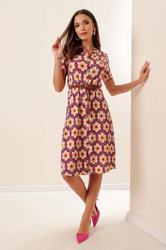 By Saygı Floral Pattern Short Sleeve See-through Dress With Buttons In The Front With A Belt Fuchsia