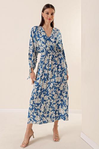 By Saygı Bat Sleeve Elastic Waist Pocket Floral Pattern Long Dress Blue