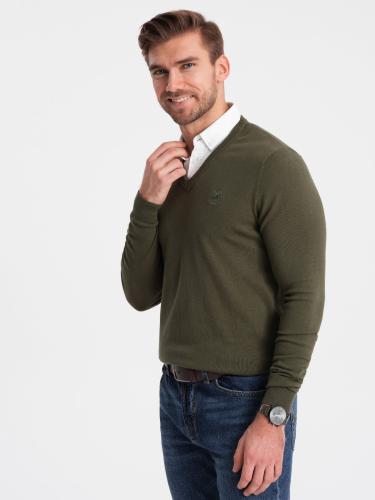 Ombre Men's sweater with v-neck with shirt collar - dark olive