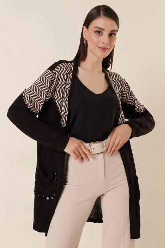 By Saygı Sequin Detailed S-patterned Lycra Cardigan with Pocket, Black.