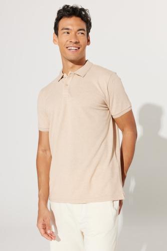 ALTINYILDIZ CLASSICS Men's Milk Brown-Ecru Slim Fit Slim Fit Polo Neck 100% Cotton Short Sleeved T-Shirt.