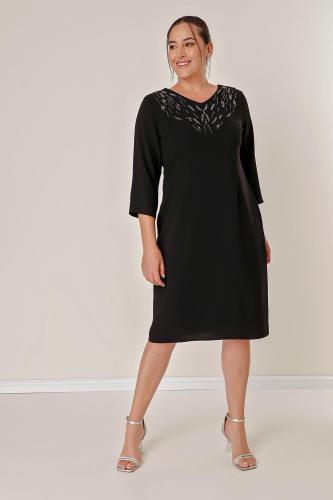 By Saygı Capri Sleeves Plus Size Dress with Stones Print on the Front