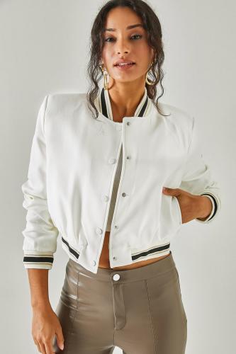 Olalook Women's White Bomber Jacket with Snap fasteners, Pocket Lined, Padded