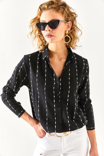 Olalook Women's Black Flared Linen Shirt with Stitching Detail