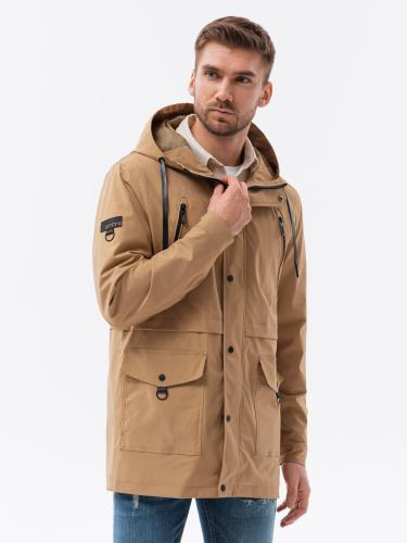 Ombre Men's parka jacket with cargo pockets - light brown