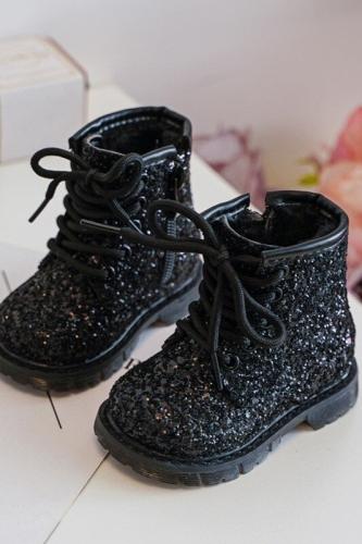 Children's glittering insulated zipper ankle boots, black Saussa