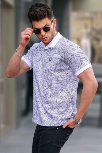 Madmext White Patterned Polo Neck T-Shirt 5876