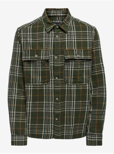 Beige-Green Mens Plaid Flannel Shirt ONLY & SONS Scott - Men