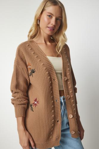 Happiness İstanbul Women's Biscuit Floral Embroidery Textured Knitwear Cardigan