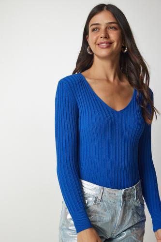 Happiness İstanbul Women's Blue Basic Corduroy V-neck Blouse