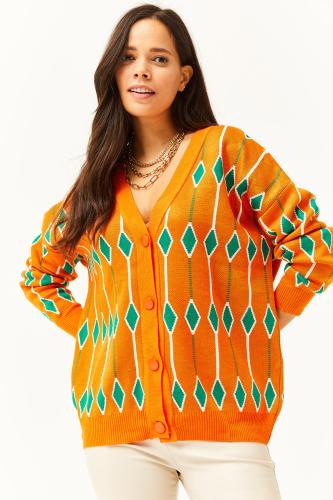 Olalook Women's Orange Diamond Pattern Oversize Knitwear Cardigan