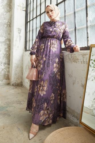 InStyle Serena Floral Print Pleated Chiffon Hijab Dress - Purple