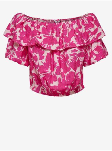 Λευκή-ροζ φλοράλ cropped μπλούζα με βολάν ONLY Petra - Γυναικεία