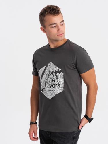 Ombre Men's cotton t-shirt with map motif print - graphite